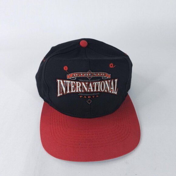 Vintage International Hat Cap Snap Back Black Red Authentic Parts Mens 90s - Picture 1 of 4